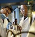 Vismadeb Mazumder (left) and chemistry professor Shouheng Sun, both of Brown University, have demonstrated that a unique core-shell nanoparticle is a cheaper, more active and longer-lasting fuel-cell catalyst than commercially available platinum products.