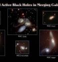 The optical counterparts of many active galactic nuclei (circled) detected by the Swift BAT Hard X-ray Survey clearly show galaxies in the process of merging. These images, taken with the 2.1-meter telescope at Kitt Peak National Observatory in Arizona, show galaxy shapes that are either physically intertwined or distorted by the gravity of nearby neighbors. These AGN were known prior to the Swift survey, but Swift has found dozens of new ones in more distant galaxies.