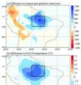 Supercomputer simulations that replaced flowering plants with non-flowering plants in the Amazon basin reduced annual precipitation by as much as 1,500 millimeters (59 inches). The simulations also resulted in a temperature drop of up to 6 degrees Centigrade (11 degrees Fahrenheit) in September, October and November. The illustration is reproduced from Kevin Boyce and Jung-Eun Lee's article, posted online June 16, 2010, in the <i>Journal of the Royal Society B.</i>