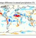 The blue regions of this world map show where annual precipitation is higher because of the presence of flowering plants, according to supercomputer simulations. The illustration is reproduced from Kevin Boyce and Jung-Eun Lee’s article, posted online June 16, 2010, in the <i>Journal of the Royal Society B.</i>