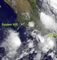 The GOES-11 satellite captured this visible image of Tropical Depression 2-E (lower right corner) and System 92E as the rounded area of clouds farther away from land (left, center) on June 16 at 12:00 UTC (8:00 a.m. EDT).