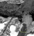 Almost 19 years ago to the day, this August 19, 1991, ERS-1 SAR image shows a much longer ice-tongue protruding further towards Nares Strait, a few days before the calving of three large icebergs. The dot line across the glacier indicates the line of fracture of the icebergs in 1991.