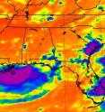NASA's Atmospheric Infrared Sounder (AIRS) instrument on the Aqua satellite captured an infrared look at clouds from Tropical Depression 5's remnants on August 15 at 18:53 UTC (2:53 p.m. EDT) and noticed some strong convection in the southern side of circulation (purple) over the Gulf of Mexico. That area had strong thunderstorms with cloud tops as cold as -63 Fahrenheit.