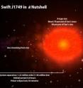 J1749 is the first accreting millisecond pulsar to undergo eclipses. The pulsar and its companion star are separated by 1.22 million miles, or about five times the distance between Earth and the moon. Irradiated by the pulsar's intense X-rays, the star's outer layers puff up to make it about 20 percent larger than a star of its mass and age should be. This artist's rendering includes additional data about the system.