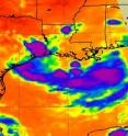 This infrared image of TD5's clouds from NASA's Aqua satellite was captured on August 16 at 19:35 UTC (3:35 p.m. EDT) and shows a disorganized system. The strongest convection (and thunderstorms) are colored in purple and appear in several areas. The purple coloration indicates highest cloud tops as cold as or colder than -63 Fahrenheit. They appear scattered over southeastern Texas and various areas south of Louisiana in the Gulf of Mexico in a half -moon shape from west to east.
