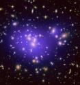This image shows the galaxy cluster Abell 1689, with the mass distribution of the gravitational lens overlaid (in purple). The mass in this lens is made up partly of normal (baryonic) matter and partly of dark matter. Distorted galaxies are clearly visible around the edges of the gravitational lens. The appearance of these distorted galaxies depends on the distribution of matter in the lens and on the relative geometry of the lens and the distant galaxies, as well as on the effect of dark energy on the geometry of the universe.