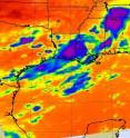 This NASA infrared Atmospheric Infrared Sounder (AIRS) satellite image from August 18 at 19:23 UTC (3:23 p.m. EDT) revealed Tropical Depression 5's remnant showers and clouds (blue) stretch from Louisiana northeast into Tennessee.