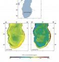 This image shows how the concentration of chlorophyll a, a measure of phytoplankton, has declined significantly (illustrated by shift from to blue) within a large ring of water in southern Lake Michigan.