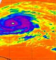 This impressive infrared image of Hurricane Igor from NASA's AIRS instrument shows a clear and large eye, and very strong convection (purple) and high, powerful thunderstorm cloud tops around his center. The image was captured from the AIRS instrument on NASA's Aqua satellite on Sept. 14 at 14:47 UTC (10:47 a.m. EDT). Note the warm ocean temperatures (dark orange) well over the 80 degree F threshold needed to maintain intensity.