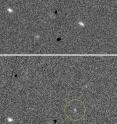 Two images of 2010 ST3 (circled in green) taken by PS1 about 15 minutes apart on the night of Sept. 16 show the asteroid moving against the background field of stars and galaxies. Each image is about 100 arc seconds across.