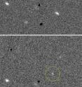 Two images of 2010 ST3 (circled in green) taken by PS1 on the night of Sept. 16 show the asteroid moving against the background field of stars and galaxies.