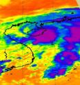 The Atmospheric Infrared Sounder (AIRS) instrument on NASA's Aqua satellite revealed a concentrated area of thunderstorms and strong convection (purple) around TD14W's center (directly over Hainan Island, China) in the eastern quadrant of the storm. Cloud top temperatures were as cold as -60 Fahrenheit in the purple areas. The convection in the east is a result of westerly wind shear blowing the convection and thunderstorms away from the storm's center.