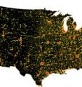 This is an urbanization map of the U.S., derived from city lights data. Legened: urban = red, peri-urban = yellow.