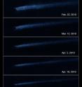 This series of images taken by Hubble's Wide Field Camera 3 clearly shows the slow evolution of the debris coming from asteroid P2010/A2, which is thought to be due to a collision with a smaller asteroid.

When astronomers first spotted the unusual X shape, they assumed that they were observing the immediate aftermath of an impact. However, the slower than anticipated rate of change in the appearance of the debris suggests that the collision in fact took place about a year earlier than the first observations.

These seven exposures were taken between January and May 2010 while the asteroid was rapidly receding from Earth. As the asteroid gets further away from us, we are able to see more of its comet-like tail in each subsequent frame. In the top picture, the portion of the tail we see is around 50,000 km long. In the bottom picture, we see around 85,000 km.

For all images, the field of view remains about 75 arcseconds across. The images were taken in visible light (filter F606W) and artificially colored blue.