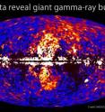 A giant gamma-ray structure was discovered by processing Fermi all-sky data at energies from 1 to 10 billion electron volts, shown here. The dumbbell-shaped feature (center) emerges from the galactic center and extends 50 degrees north and south from the plane of the Milky Way, spanning the sky from the constellation Virgo to the constellation Grus.