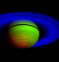Heat emitted from the interior of Saturn (red) shows up in this false-color image of Saturn, made from data taken in 2008 by Cassini's visual and infrared mapping spectrometer.
