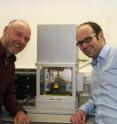 Lars Pastewka (right) and Michael Moseler (left) inspect a diamond wear experiment at the Fraunhofer Institute for Mechanics of Materials IWM. Their microscopic wear model provides a sound basis for friction and wear reduction in industrial diamond coatings.