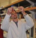 Cynthia Larive (left) and her graduate student Daniel Orr examine pomegranate juice samples in the laboratory.