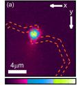 This image shows the photocurrent from the nanowire detector (the yellow spot represents the region where current is generated under illumination) and the electrical contacts are indicated in blue, while the nanowire is indicated in green.