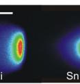 False-color images of the tin and lithium plasma plumes in EUV emission through a 7 to 15 nm filter, obtained under identical conditions.