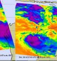 NASA's AIRS showed System 91S's center making landfall on Dec. 16 at 0647 UTC (1:47 a.m. EST) near the town of Carnavon in Western Australia (left). A large area of strong thunderstorms surrounded the center (purple) and cloud tops were as cold as or colder than -63F. Accompanying those thunderstorms was heavy rainfall. Aqua again passed over System 91S at 17:41 UTC (12:41 p.m. EST) that day and System 91S's center had already made landfall and was moving inland.
