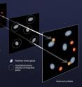 As many as 20 percent of the most distant galaxies currently detected appear brighter than they actually are, because of an effect called "strong gravitational lensing," astronomers have discovered.

This graphic illustrates how, when astronomers view distant galaxies in a telescope (upper left panel), some of those galaxies line up with our view of nearby galaxies (center panel). The gravity of the nearby galaxies bends and magnifies the light coming from some of those distant galaxies, so that they appear brighter than they actually are (lower right panel). Thus galaxies that would normally be too faint to detect become visible in telescope images.