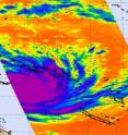 This infrared AIRS image from NASA's Aqua satellite was captured on Feb. 1 at 0247 UTC (Jan. 31 at 9:47 p.m. EST/12:47 p.m. Australia/Brisbane local time) and the storm appears to fill up most of the Coral Sea. The western fringes of the storm were over the Solomon Islands and Vanuatu at that time. The strongest thunderstorms and heaviest rainfall appear in areas false-colored in purple. The light blue areas are out of the range of the satellite instrument and show no data.