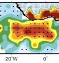 This graphic shows changes over the last 60 years in the August marine-cloudiness and land-rainfall over the tropical Atlantic. Yellow to dark red indicates more cloudiness/rainfall; light blue to gray, less cloudiness/rainfall. Over land, dark red = 40 mm/month more rain, and grey = 40 mm/month less rain. Note the significant increase in rainfall on the Guinea Coast.