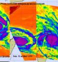 This series of infrared satellite imagery from the AIRS instrument on NASA's Aqua satellite shows the progression of Tropical Cyclone Bingiza over the weekend of Feb. 12-13. On February 12 at 21:35 UTC, Bingiza's center was still at sea, and an eye was visible. On Feb. 13 at 0947 UTC, AIRS noticed the western edge of Bingiza over northeastern Madagascar and the storm appears to be expanding. On Feb. 13 at 22:17 UTC, Bingiza's center was on the northeastern coastline and it was making landfall.