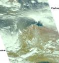Tropical Storm Dianne (left) is bringing rainfall to Western Australia today and Tropical Storm Carlos (right) is bringing rains and gusty winds to Australia's Northern Territory today.