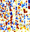 Zooming in on a slice of the BOSS map shows  areas with more (red) and less (blue) intergalactic gas, as revealed by correlations of the Lyman-alpha forest data from the spectra of thousands of quasars. A distance of one billion light years is indicated by the scale bar.