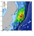 The image represents on overhead model of the estimated fault slip due to
the 9.0 Tohoku&#8209;Oki earthquake. The fault responsible for this earthquake
dips under Japan, starting at the Japan Trench (indicated by the barbed
line), which is the point of contact between the subducting Pacific Plate
and the overriding Okhotsk Plate. The magnitude of fault slip is indicated
both by the color and the contours, which are at 8&#8209;meter intervals. The
question mark indicates the general region where researchers currently lack
information about future seismic potential.