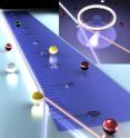 Whispering-gallery microlasers can count and measure nano-scale synthetic or biological particles. As this conceptual illustration shows, a particle disturbs the lasing "mode" to split into two frequencies (shown here as two different colors) and the frequency split acts a ruler that allows the particle to be measured. The inset at the top right shows a particle landing on the microlaser (a torus supported by a pedestal). Lina He, a graduate student in electrical and systems engineering at Washington University in St. Louis, and her co-workers demonstrated that the microlasers can detect particles 10 nanometers in radius. Their resolution limit is about one nanometer.