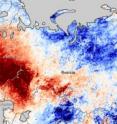 This map shows temperature anomalies from July 20-27, 2010, compared to temperatures for the same dates from 2000 to 2008. The anomalies are based on land surface temperatures observed by the Moderate Resolution Imaging Spectroradiometer (MODIS) on NASA’s Terra satellite. Areas with above-average temperatures appear in red and orange, and areas with below-average temperatures appear in shades of blue. Oceans and lakes appear in gray.