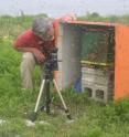 On a foggy day, Kirk Visscher examines honey bees settling on the nest box they have chosen and to which the swarm has flown.  The camera is recording the flight tracks of bees against the sky.