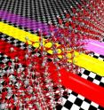 Three beams of light (red for infrared, yellow for visible light, and violet for ultraviolet) travel through a layer of SnO2. Absorption by the conduction electrons in the oxide reduces the intensity of the beams.