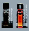 This shows the luminescence of CdSe/CuS nanocrystals prepared by cation-exchange. On the left are crystals prior to purification, on the right are the same nanocrystals after impurities have been removed.