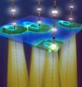 This is an artist's rendition of electron-hole recollision. Near infrared (amber rods) and terahertz (yellow cones) radiation interact with a semiconductor quantum well (tiles). The near-ir radiation creates excitons (green tiles) consisting of a negative electron and a positive hole (dark blue tile at center of green tiles) bound in an atom-like state. Intense terahertz fields pull the electrons (white tiles) first away from the hole and then back towards it (electron paths represented by blue ellipses). Electrons periodically recollide with holes, creating periodic flashes of light (white disks between amber rods) that are emitted and detected as sidebands.