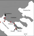 This figure shows the study area in Greece (Thermaikos Gulf). Red stars indicate drilling sites, where researchers have found high-energy layers, which are interpreted a of a tsunami origin.