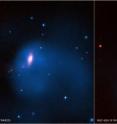 Two objects that challenge the prevailing idea of how supermassive black holes grow in the centers of galaxies are shown here. In these composite images, X-rays from Chandra (blue) have been combined with infrared data from 2MASS (red). Both of the black holes at the centers of these galaxies have much larger masses than expected when compared to the galaxies' central bulges of stars. The Chandra data revealed the presence of massive envelopes of dark matter around each galaxy. The new study suggests that the growth of the black holes is closely tied to the amount and distribution of the dark matter in each galaxy, rather than the mass of stars contained in their bulges as previously thought.