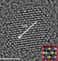 This is an atomic-resolution image of germanium telluride nanoparticles from Berkeley Lab's TEAM I electron microscope at the National Center for Electron Microscopy.