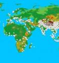 The background image shows global topography; each dot represents a single landslide that has killed a person.