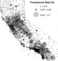 The map shows California regions hit especially hard by foreclosures in 2008.