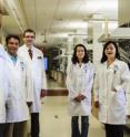 The research team on this study includes (L-R) Markey Cancer Center Director Dr. Mark Evers, Farzin Haque, Dr. Piotr Rychahou, Yi Shu, Dan Shu and Peixuan Guo.