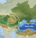 The Danube's watershed is delimited by a continuous white line, its course is highlighted in blue, and the Danube delta is shown in green. The Danube drains most of the Central and Eastern Europe to dominate the freshwater and sediment budget of the Black Sea. A sediment core shown by a white circle was used to reconstruct the salinity and ecosystem composition in the Black Sea over the last 7000 years.