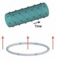 This proposed space-time crystal shows (a) periodic structures in both space and time with (b) ultracold ions rotating in one direction even at the lowest energy state.