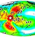 A map of the earthquakes triggered around the globe within a week of the April 2012 earthquake off the coast of Sumatra (white star).