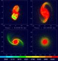 Shown is an off-center, low-velocity collision of two protoplanets containing 45 percent and 55 percent of the Earth’s mass. Color scales with particle temperature in kelvin, with blue-to-red indicating temperatures from 2,000 K to in excess of 6,440 K. After the initial impact, the protoplanets re-collide, merge and form a rapidly spinning Earth-mass planet surrounded by an iron-poor protolunar disk containing about 3 lunar masses. The composition of the disk and the final planet’s mantle differ by less than 1 percent.