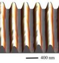 This is a perspective atomic force microscope (AFM) view of graphitized trenches that are 18 nanometers deep.