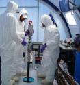 Members of the 2010 Lake Vida expedition team, Dr. Peter Doran (professor, University of Illinois, Chicago), Dr. Chris Fritsen (research professor, Desert Research Institute, Reno, Nev.) and Jay Kyne (an ice driller) use a sidewinder drill inside a secure, sterile tent on the lake’s surface to collect an ice core and brine existing in a voluminous network of channels 16 meters and more below the lake surface.